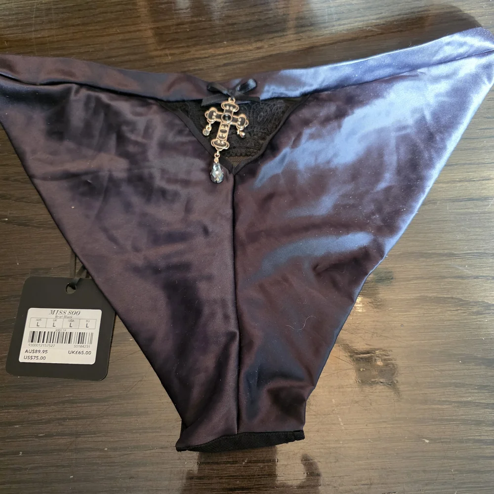 Honey Birdette Black Lace Panties With Cross Charm On Back Nwt - Picture 4 of 5